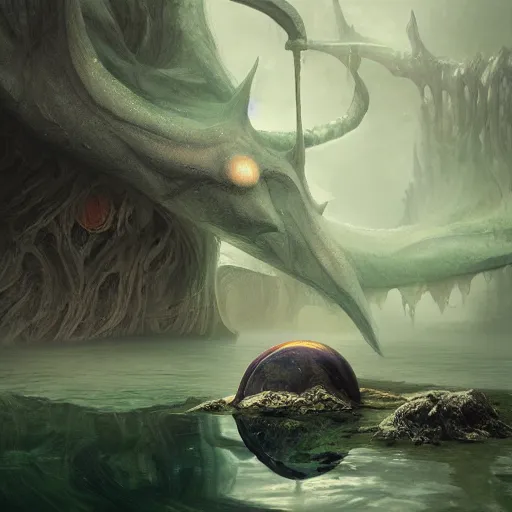 Prompt: slime monster in the lake, matte painting, detailed, elden ring, oil on canvas, by WLOP