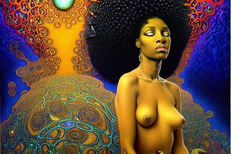 Prompt: realistic extremely detailed portrait painting of a beautiful black woman with mandelbrot set, futuristic sci-fi landscape on background by Jean Delville, Amano, Yves Tanguy, Ilya Repin, Alphonse Mucha, Ernst Haeckel, Edward Robert Hughes, Roger Dean, rich moody colours