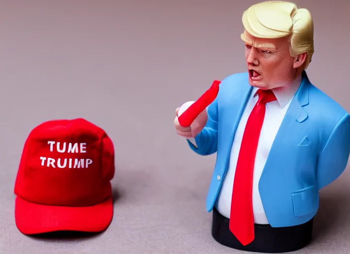 Prompt: !dream product still of Donald Trump wearing a red cap funko pop with box, 85mm f1.8