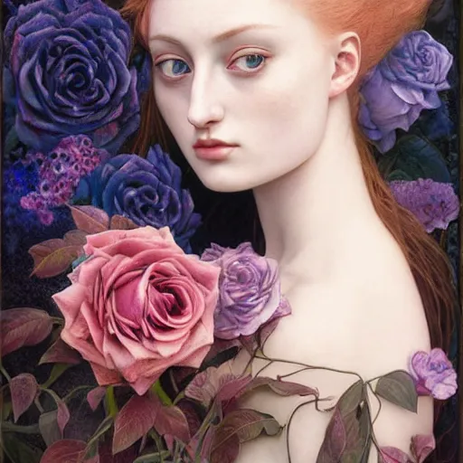 Prompt: sophie turner girl, botanical, blue rose, marble white complexion, portrait face, colorful, kupka, intricate, miles johnston, kuroda seiki, ozabu, godward, painterly, yoshitaka amano, moebius, miles johnston, louise zhang, james jean, mark ryden lowbrow pop surrealism art style