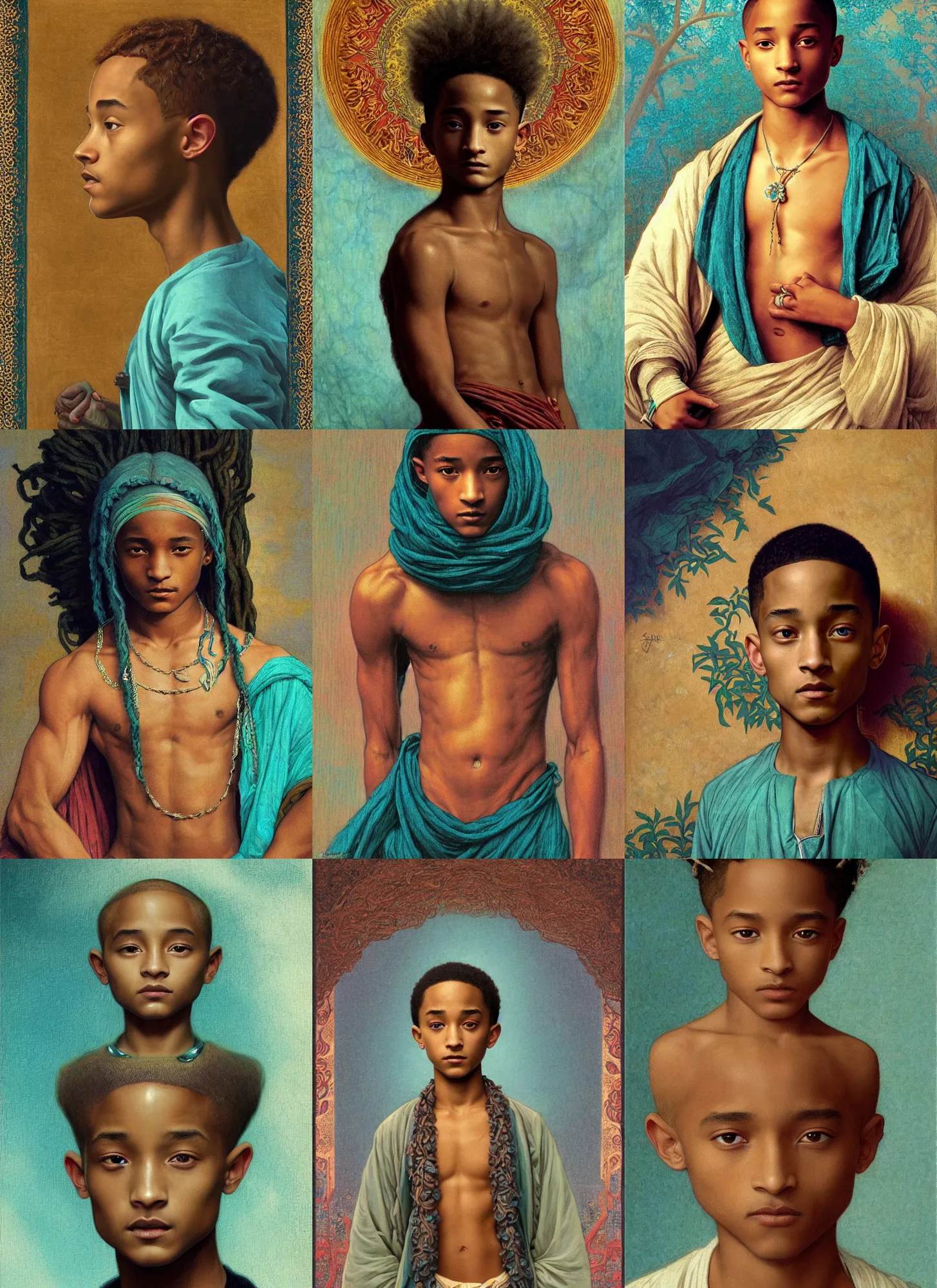 Prompt: jaden smith as young libu, shaved head, teal cloth, intricate, dark, highly detailed, sharp focus, illustration, orientalism, bouguereau, mucha