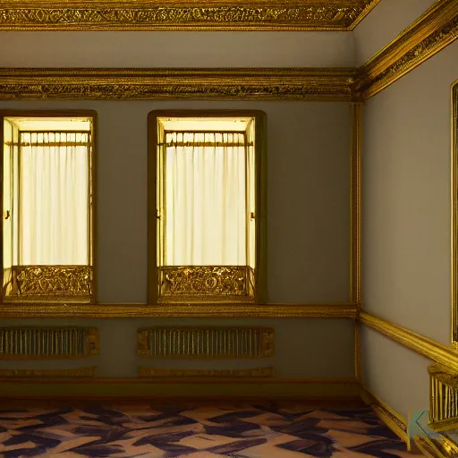 Prompt: an empty room made of ivory and gold filigree, daguerreotype by edward hopper, by Bosch, by klimt, art noveau, highly detailed, strong lights, liminal, eerie, Bright pastel colors, octane render, 8k,