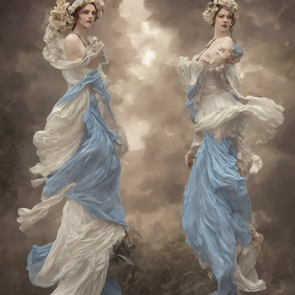 Image similar to woman dressed in a vaporous wrapped large victorian cream roses silk semi-transparent blue and cream dress fashion is running D&D, fantasy, intricate, elegant, highly detailed, digital painting, artstation, concept art, matte, sharp focus, illustration, art by Artgerm and Greg Rutkowski and Alphonse Mucha, UHD