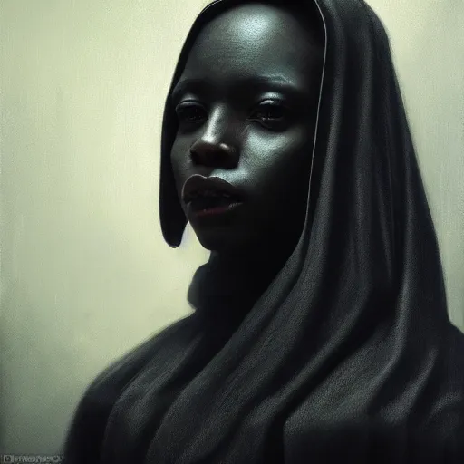 Image similar to a portrait of a young black woman wearing a long dark cloak, hood and shadows covering face, anatomically correct, beautiful perfect face, enigmatic, oil painting, matte painting, black background, Volumetric dynamic lighting, Highly Detailed, Cinematic Lighting, Unreal Engine, 8k, HD, by Beksinski