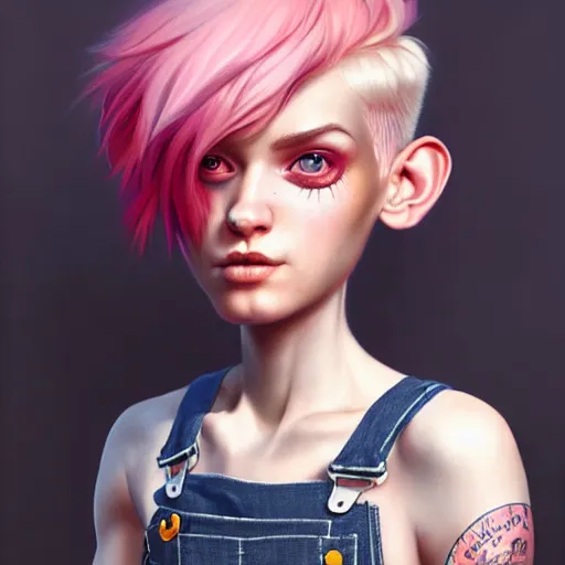 Image similar to full body pose, pixar, beautiful androgynous girl, pink pixie cut hair, torn overalls, short shorts, combat boots, fishnets, beautiful, highly detailed face, true anatomy!, extremely detailed!, digital painting, unreal engine 5, art by tom bagshaw