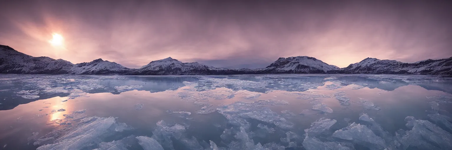 Image similar to amazing landscape photo of a Frozen Giant stuck under the ice transparent frozen lake at sunset by marc adamus beautiful dramatic lighting