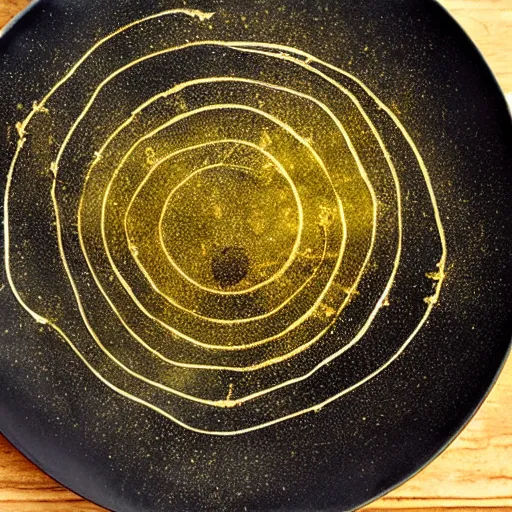 Image similar to olive oil and vinegar drizzled on a plate in the shape of the solar system