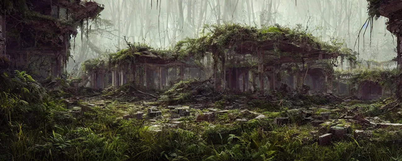 Prompt: concept art of an abandoned ruined city overgrown with nature by filip hodas, 3d render, hyper realistic, unreal engine, atmospheric, detailed