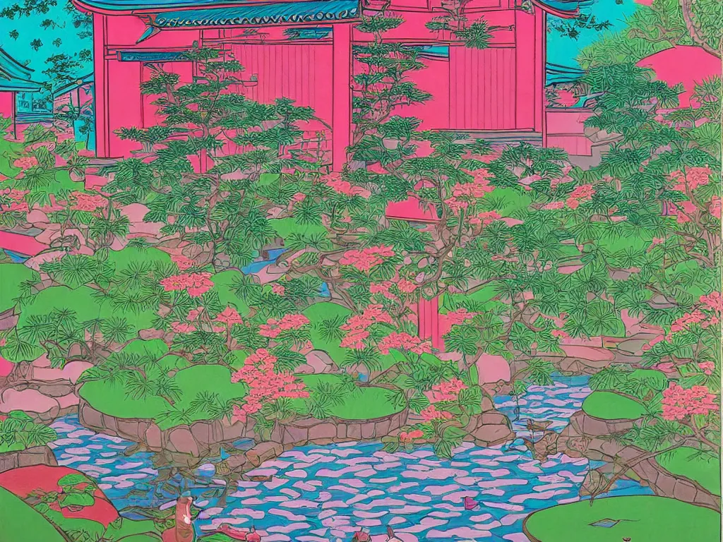 Image similar to image of a traditional japanese house with a garden, a pond in the garden, pink children are sitting around it, a combination of pop art and traditional japanese painting styles, the style of andy warhol and jackie tsai, bright palette, acrylic on canvas