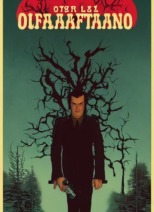 Image similar to poster artwork by Michael Whelan and Tomer Hanuka, Karol Bak of Quentin Tarantino the local video store kerk, from scene from Twin Peaks, clean, simple illustration, nostalgic, domestic, full of details