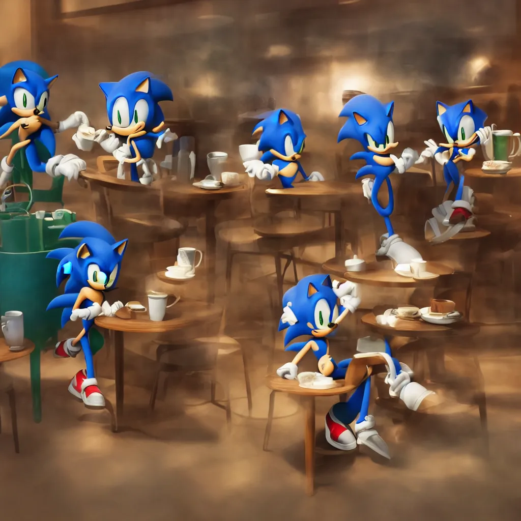 Image similar to Sonic having a cup of tea at starbucks. Beautiful composition, 3d render trending on artstation, medium shot, indoor smooth light