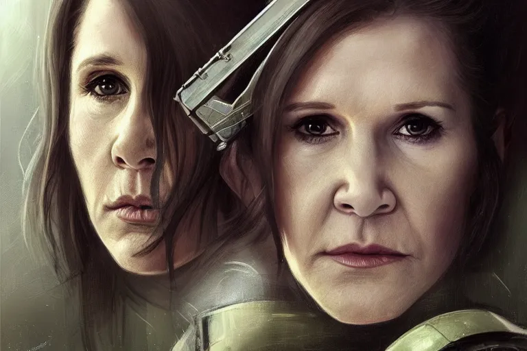 Prompt: a finely detailed portrait of Carrie Fisher, clothed in battle armor, olive skin, long dark hair, beautiful bone structure, symmetrical facial features, intricate, elegant, digital painting, trending on Artstation, concept art, smooth, sharp focus, illustration, from Metal Gear by Ruan Jia and Mandy Jurgens and Artgerm and Greg Rutkowski, award winning