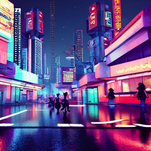 Prompt: Futuristic Asian city at night with rain, Cyberpunk style. Sword fight in foreground, Neon lights, Matte paiting 3d rendering. cinematic lighting, octane render, corona render, 8k