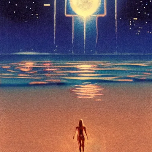 Image similar to a swim in the sea at night, synth wave, retro wave, Angus McKie