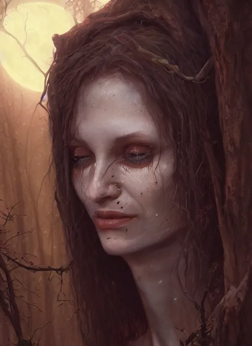 Prompt: close - up face portrait of a beautiful skinny woman crying as witch in front of the full big moon in a fantasy forest, by james gurney, greg rutkowski, highly detailed digital art, artstation