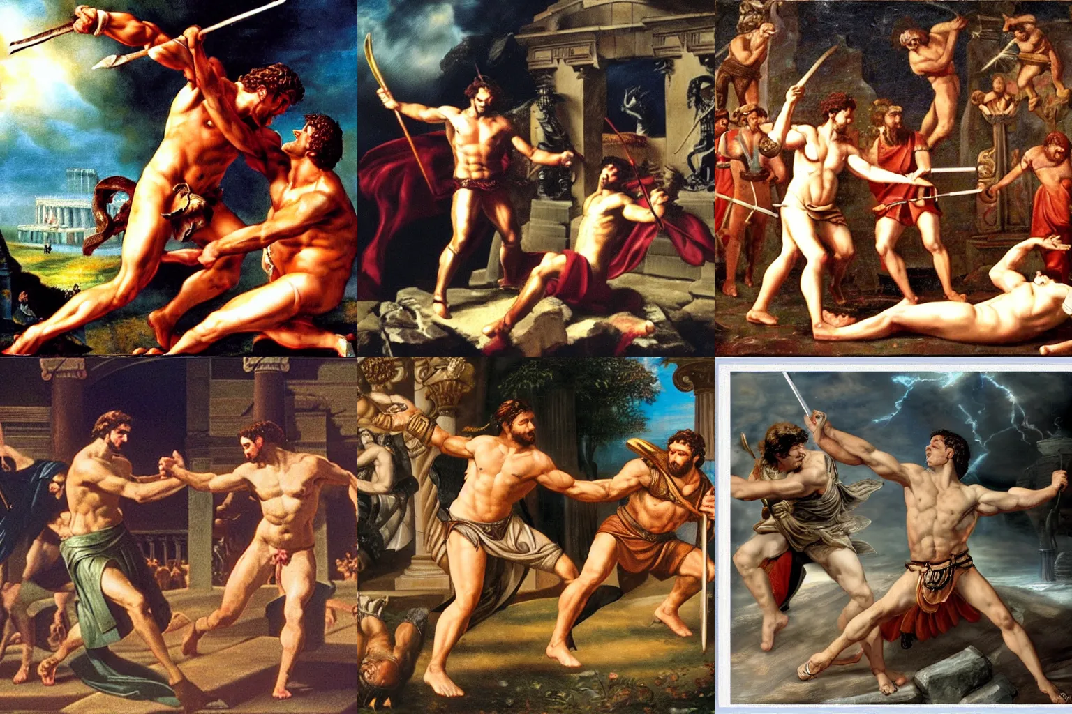 Prompt: Hercules fighting with Perseus, Greek setting, photo realistic, movie scene