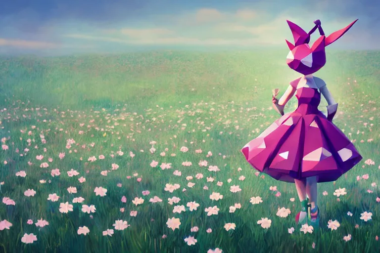 Prompt: lowpoly ps 1 playstation 1 9 9 9 anthropomorphic lurantis girl standing in a field of daisies wearing shoes and a crockett hat, digital illustration by ruan jia on artstation