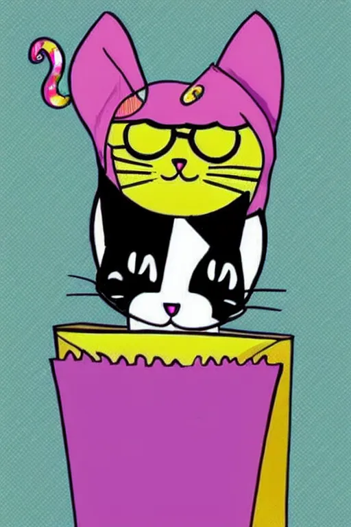 Image similar to i really love cat with paper bag on head + cute + adorable animation + lisa frank + kawaii