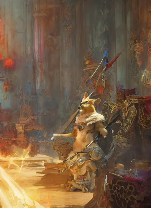 Prompt: beautiful fantasy painting of corgi assassin god preparing his weapons chilling in palace, by Ruan Jia, Pascal Blanche, Jake Parker. Trending on Artstation, 8k, masterpiece, graffiti paint, fine detail, full of color, intricate detail