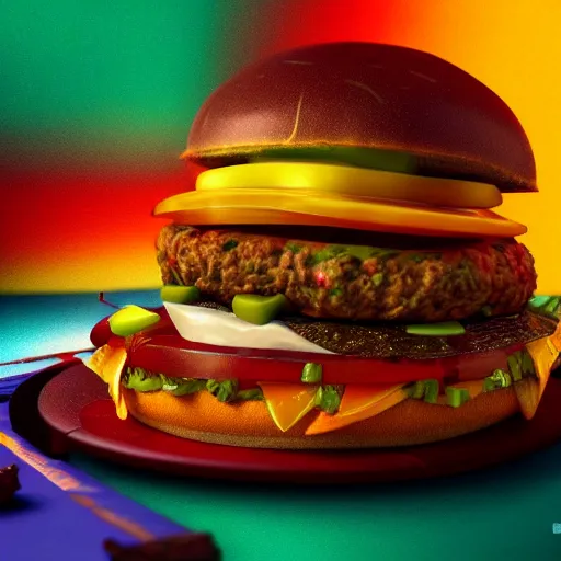 Image similar to trippy cheeseburger, highly detailed, warm colors, artstation, concept art, sharp focus, illustration, octane render, award winning, masterpiece, art by studio 4