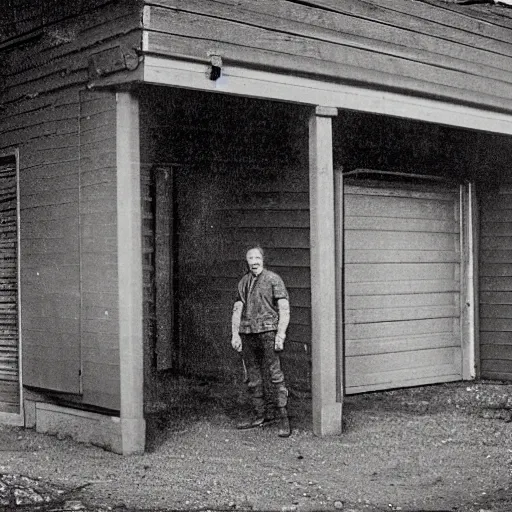 Image similar to neptune standing in his garage, very detailed photo