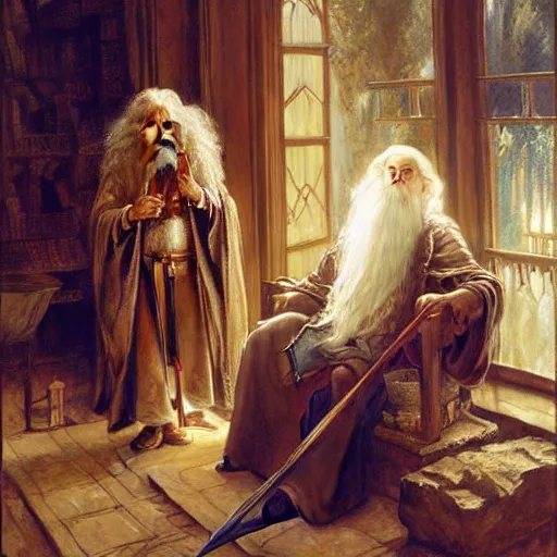 Image similar to gandalf and emma watson studying magic, highly detailed painting by gaston bussiere, craig mullins, j. c. leyendecker 8 k