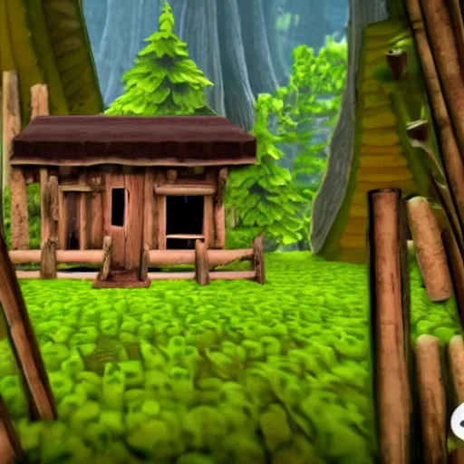 Image similar to a photo of a Eerie cabin in the middle of the woods in the style of Super Smash bros, gameplay footage