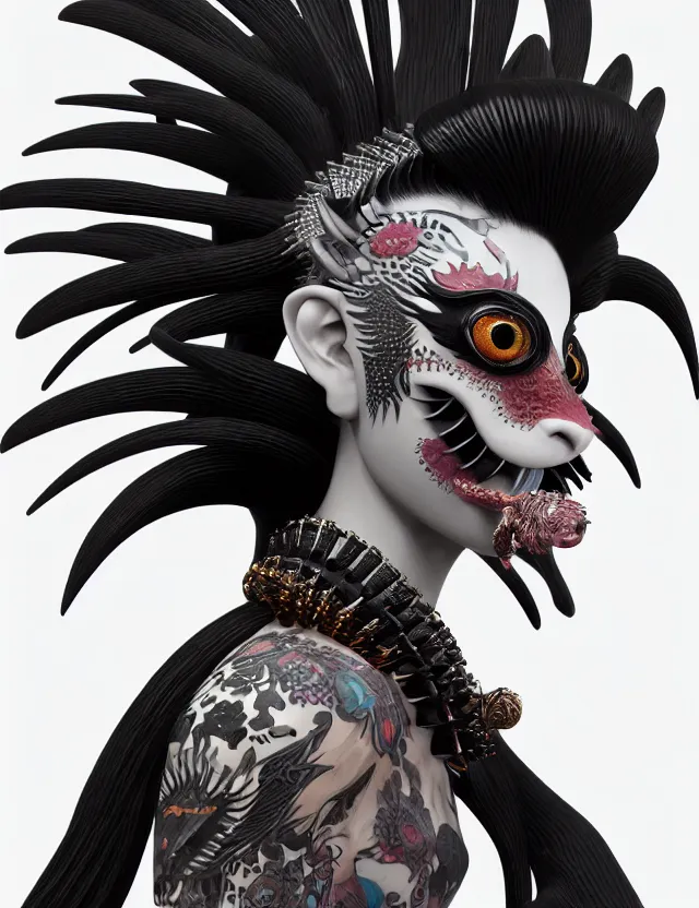 Image similar to 3 d goddess close - up profile portrait punk with mohawk with ram skull. beautiful intricately detailed japanese crow kitsune mask and clasical japanese kimono. betta fish, jellyfish phoenix, bio luminescent, plasma, ice, water, wind, creature, artwork by tooth wu and wlop and beeple and greg rutkowski