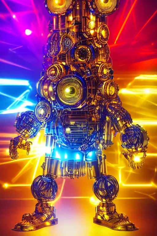 Image similar to portrait photo of a giant huge golden and blue metal futuristic steampunk robot covered with multicolored big gears and tubes, a red electric guitar, eyes are glowing red lightbulbs, shiny crisp finish, 3 d render, 8 k, insaneley detailed, fluorescent colors, background is multicolored lasershow