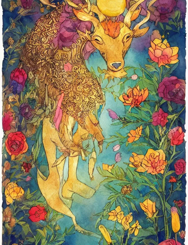 Image similar to animal god of light and flowers. this watercolor and goldleaf work by the beloved children's book illustrator has interesting color contrasts, plenty of details and impeccable lighting.