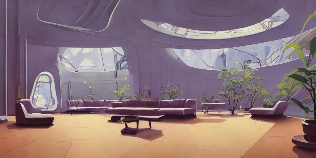 Image similar to a beautiful illustration of futuristic interior hall, lots of furniture, sofa, waiting room, big medium small, sacred geometry, golden ratio, in watercolor gouache detailed paintings, in style of syd mead, trending on artstation,8k, panel, hard surface, vent, zaha hadid, props, plant, cozy,decoration around the room, simon stalenhag, deus ex