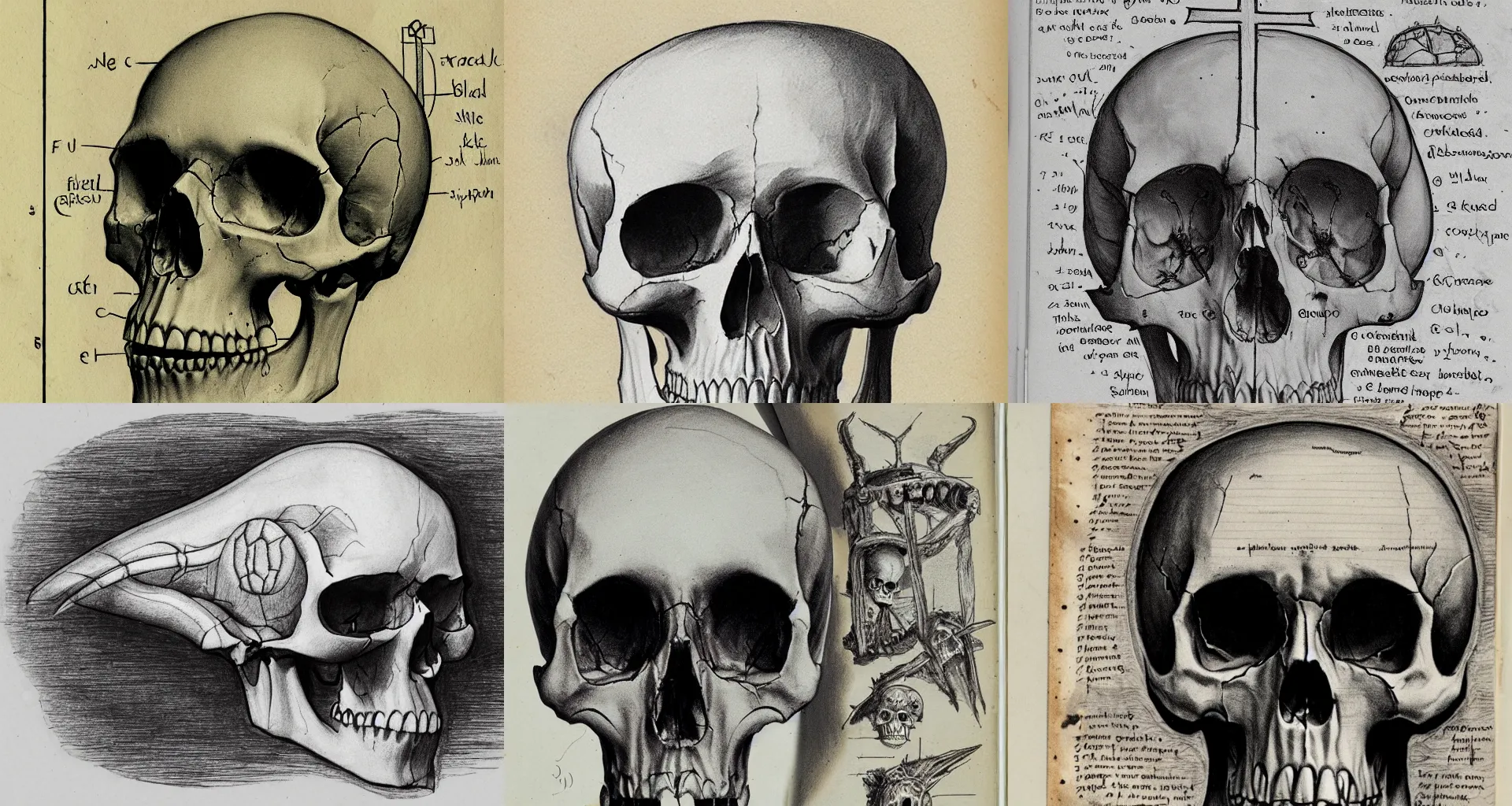 Prompt: The skull and cross-section of an advanced alien species, field journal, sketch, marginalia, notes, measurements