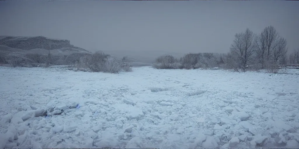 Image similar to photo of green river, wyoming covered in ice and snow, during a snowstorm. a old man in a trench coat and a cane appears as a hazy silhouette in the distance, looking back over his shoulder. cold color temperature. blue hour morning light, snow storm. hazy atmosphere. humidity haze. kodak ektachrome, greenish expired film, award winning, low contrast.