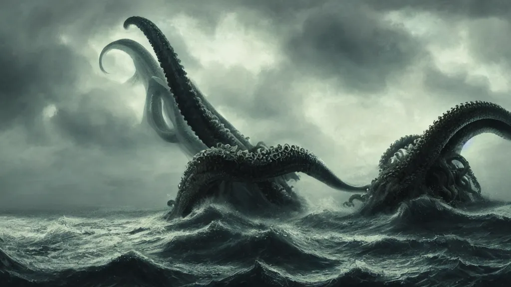 giant massive kraken rising out a stormy ocean, near a | Stable ...