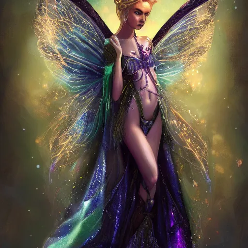 Image similar to detailed portrait of a fairy queen with wings wearing a magic silk robe, pixie, iris, realism, emerald, galaxy, sapphire,blonde hair going down to the floor, moonlit, wearing a bejeweled mask, dark fantasy, dramatic lighting, cgsociety, artstation