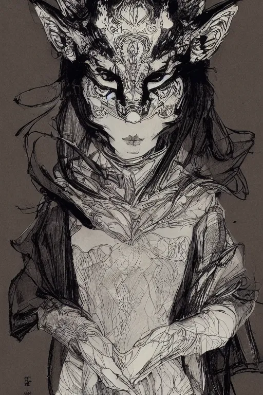 Image similar to portrait of a girl in kitsune demon fox mask and black suit, pen and ink, intricate line drawings, by craig mullins, ruan jia, kentaro miura, greg rutkowski
