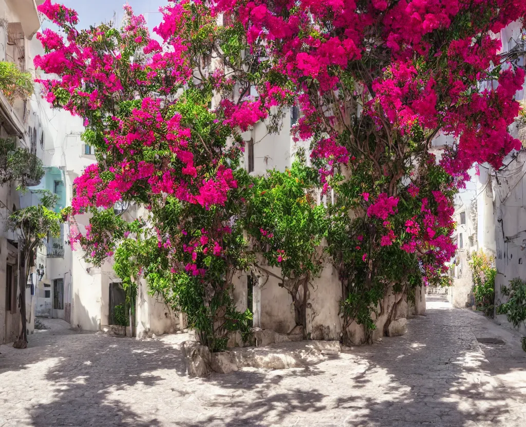 Image similar to a very beautiful scene, ambient occlusion render. small street in tel aviv, sunlight, bougainvillea, hyperrealistic, 4 k. wide angle. wild. deep focus, lovely scene. concept art. unreal engine.