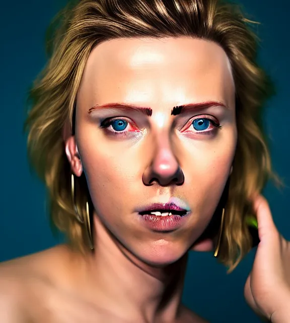 Image similar to portrait photo of Scarlett Johansson:: symmetric face, symmetric eyes, slight smile, photo by Annie Leibovitz, 85mm, teal studio backdrop, Getty images