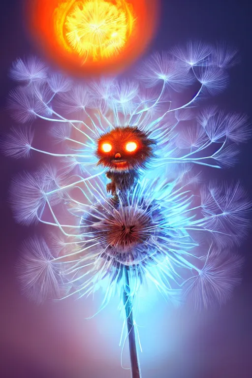 Prompt: a glowing humanoid figure dandelion monster with large glowing eyes, surrounded by orange aura, highly detailed, digital art, sharp focus, trending on art station, artichoke, anime art style