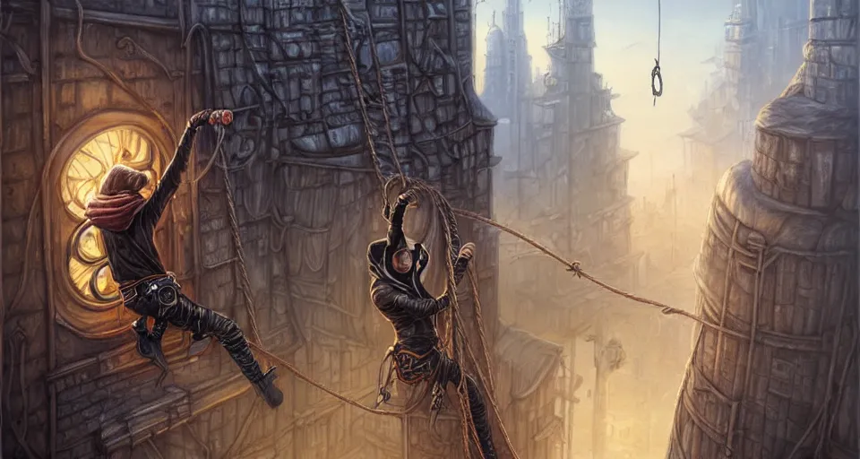 Image similar to landscape painting of a hooded thief in leathers using a rope to climb a tall metal steampunk buildings with a fantasy city, fine details, magali villeneuve, artgerm, rutkowski