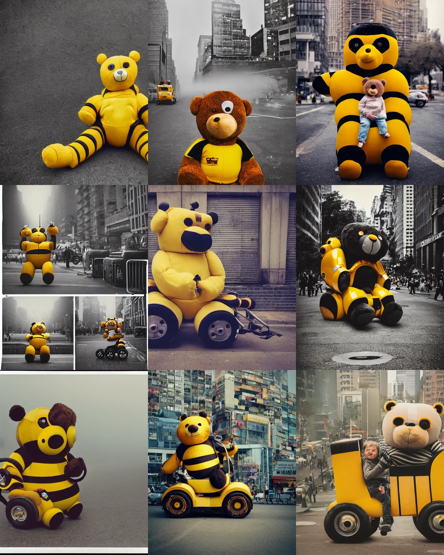 Prompt: very realistic! epic pose!!! giant oversized battle smiling yellow fat obese bee robot black stripes chubby mech baby sport wheelchair! double decker with giant oversized wings . teddy bear in sitting pose ,in busy city , full body , Cinematic focus, Polaroid photo, vintage , neutral dull colors, soft lights, foggy mist , by oleg oprisco , by national archives, by discovery channel, by victor enrich , by gregory crewdson