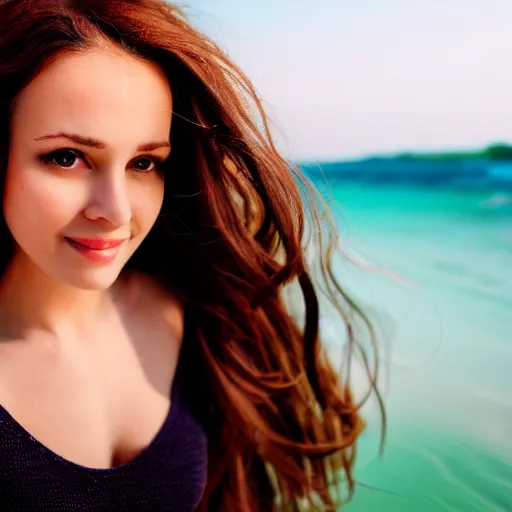 Prompt: Selfie photograph of a cute and beautiful woman with long shiny bronze brown hair and green eyes, 8k, natural lighting, beach background, medium shot, mid-shot,