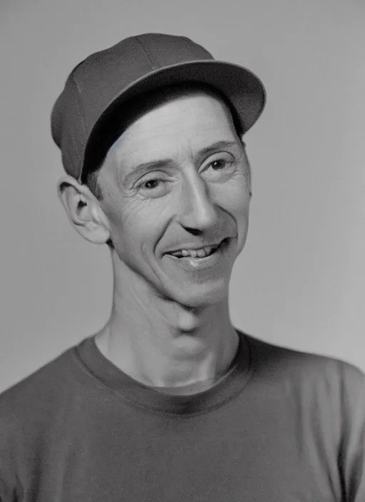 Prompt: a color photograph of a thin man with short white hair, wearing an orange T shirt, a brown baseball cap with a bee on it, black eyeglasses, a lopsided wry smile on his face