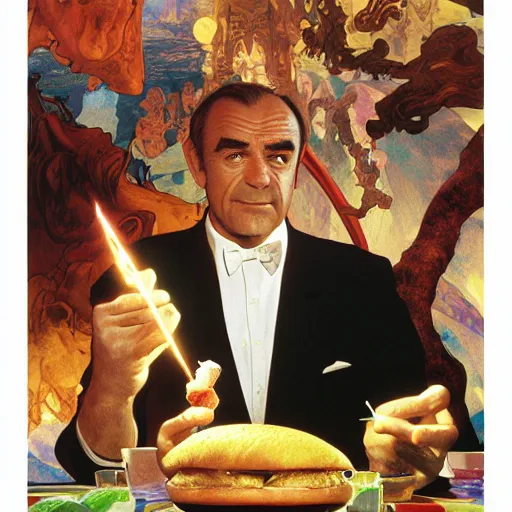 Prompt: Sean Connery as James Bond eating giant hamburgers, sexy sesame seed buns, extra bacon lettuce and tomato, french fries levitate in the background and cast holy light, drawn by Donato Giancola and Jon Foster, frank frazetta, alphonse mucha, background by James Jean and gustav klimt, 4k, volumetric lighting, trending on artstation, hyperrealistic