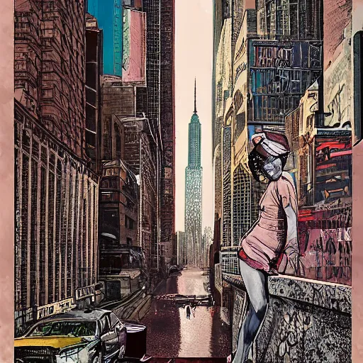 Image similar to “ a girl on a ledge overlooking futuristic new york city, ghostpunk, heavy rain, high detail, by moebius ”