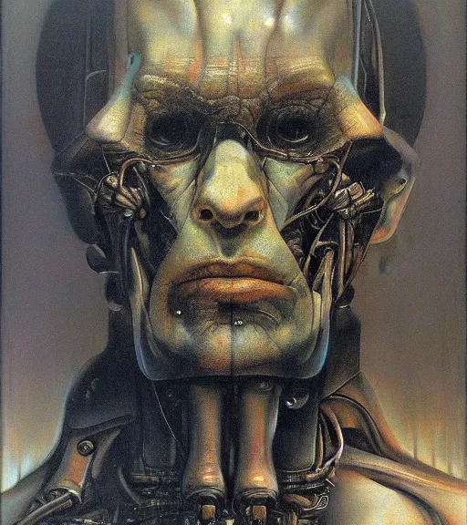 Prompt: biomechanical portrait of human by phil hale, wayne barlowe, rembrandt