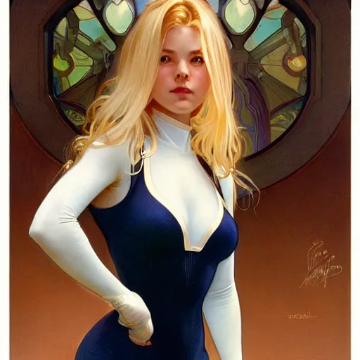 Image similar to a beautiful portrait of a beautiful cute teen superhero girl, blonde hair, tight matte navy - blue bodysuit, white cape, intricate, elegant, 8 k, highly detailed, digital painting, concept art, smooth, sharp focus, illustration, by artgerm greg rutkowski alphonse mucha loish wlop