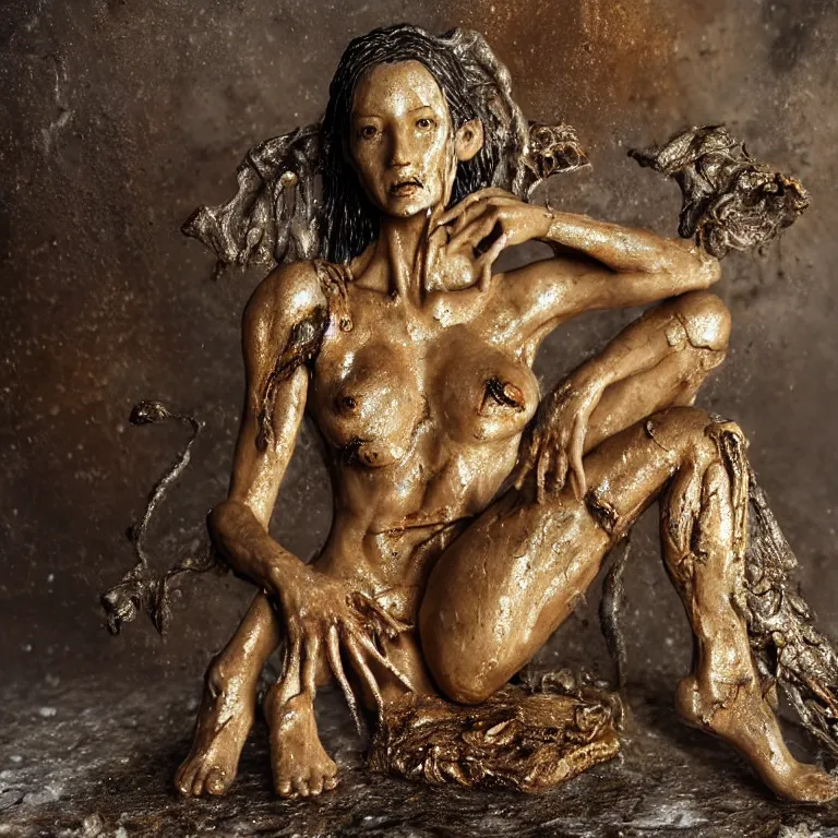 Prompt: photo taken of an epic intricate, ultra detailed, super realistic gritty, wet, lifelike sculpture of a beautiful alien women wearing torn bikini and white shoes created by weta workshop, zoomed in shots, subsurface scattering, photorealistic, sharp focus, white wall coloured workshop, cold colour temperture, f 0. 4, face centred, golden ratio, golden hour