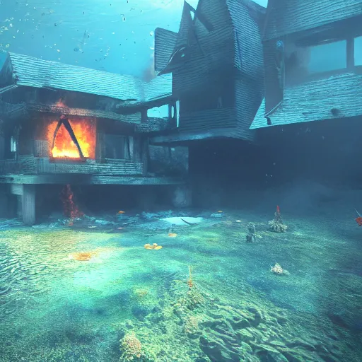 Prompt: a house burning underwater, with a humanoid robot, 8 k resolution, colorful, mariana trench