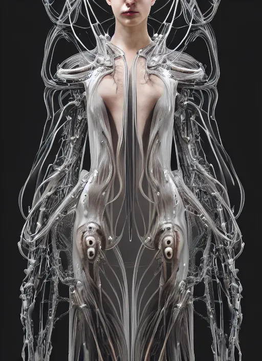 Image similar to forest iris van herpen gothic inflateble dark dress, perfect symmetrical body, helmet on face, full body shot, inflateble shapes, wires, tubes, veins, jellyfish, white biomechanical details, wearing epic bionic cyborg implants, masterpiece, intricate, biopunk, vogue, highly detailed, artstation, concept art, cyberpunk, octane render